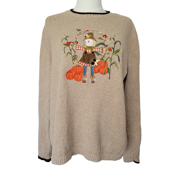 Fall Embroidered Scarecrow Pumpkin Sweater Tan XL (See Measurements) Grannycore - Picture 1 of 9